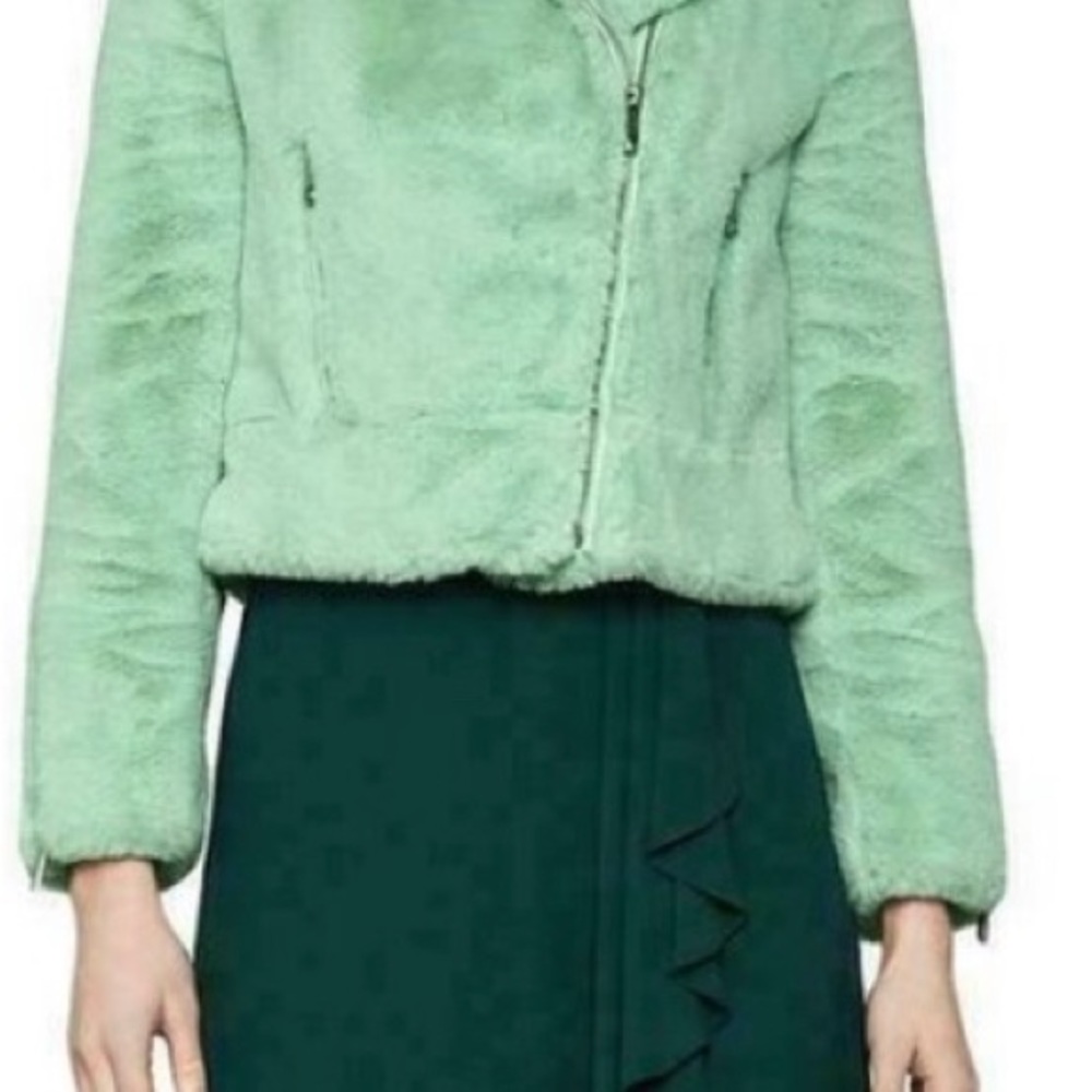 BCBGMAXAZRIA $338 “Violet” Faux Fur Moto Jacket In Pistachio Size XS - Picture 3 of 17